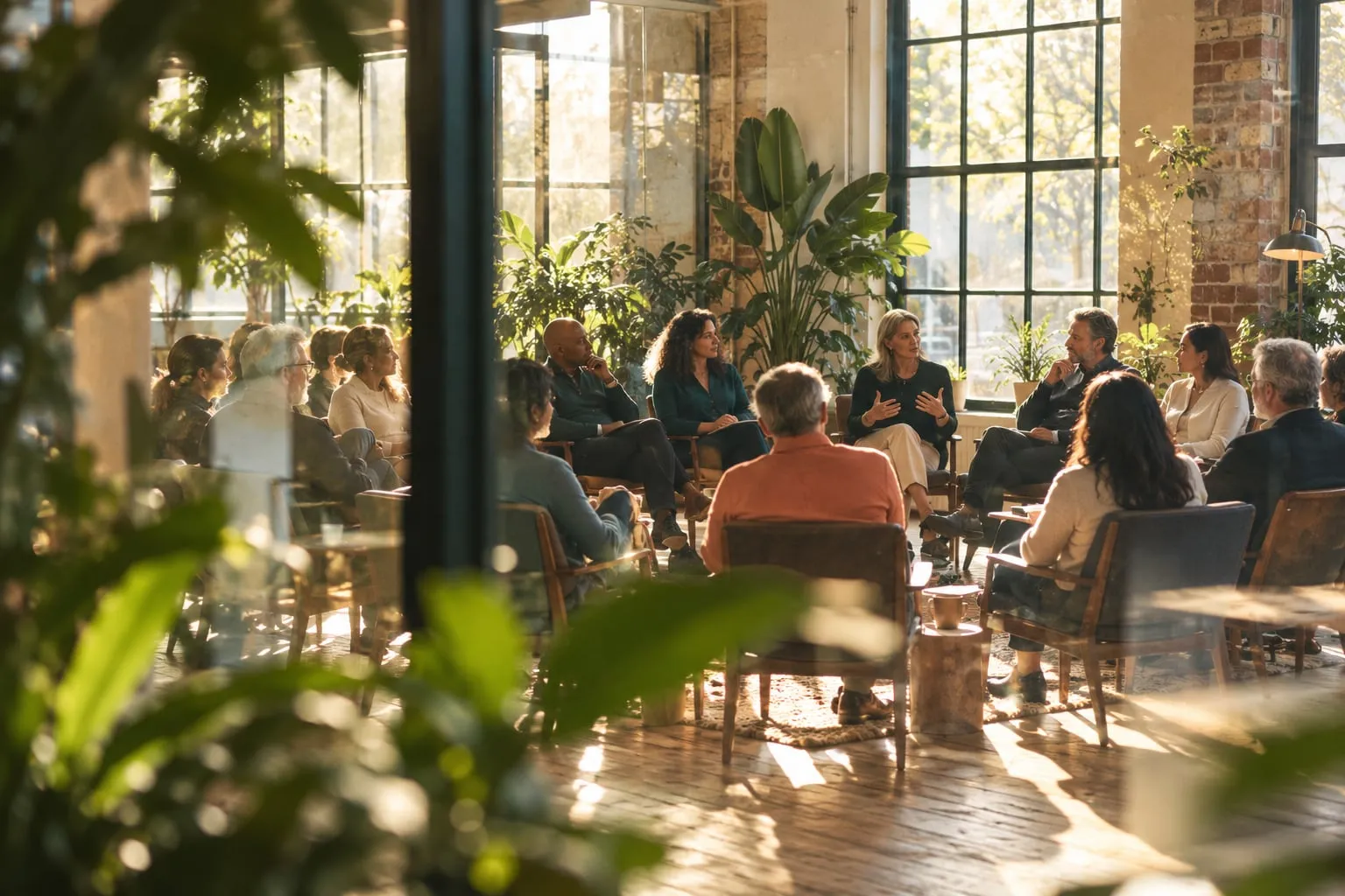 A circle of senior leaders listening to a facilitator in a sunlit, plant-filled studio, seen through leaves and a glass wall.