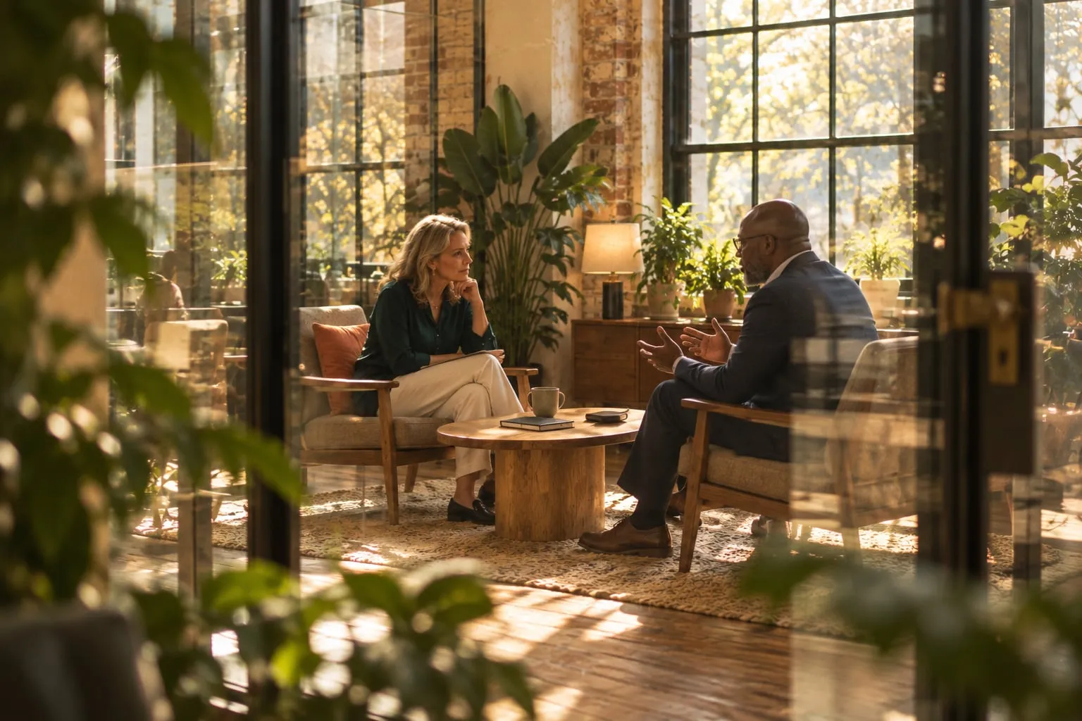A coach and an executive talking privately in a glass-walled room, a phone face down on the table.