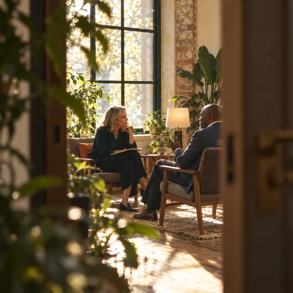 A coach and a client in a private conversation in a lamp-lit side room, seen through a half-open door.