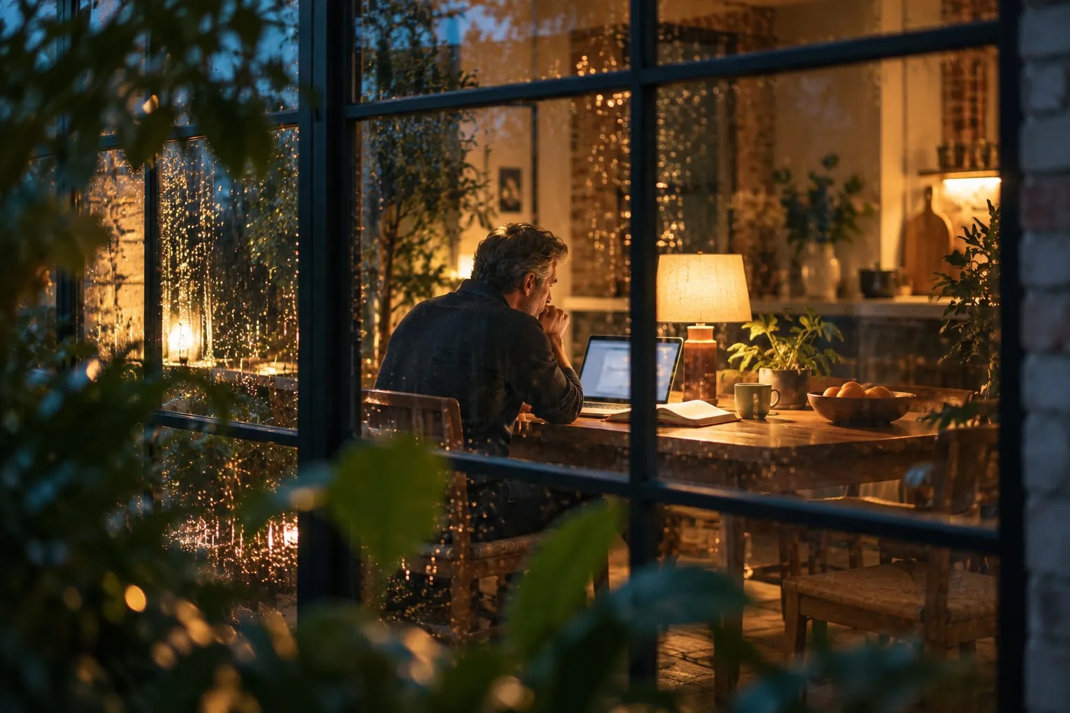 An executive at a kitchen table at dusk with a laptop and journal, seen through a window.