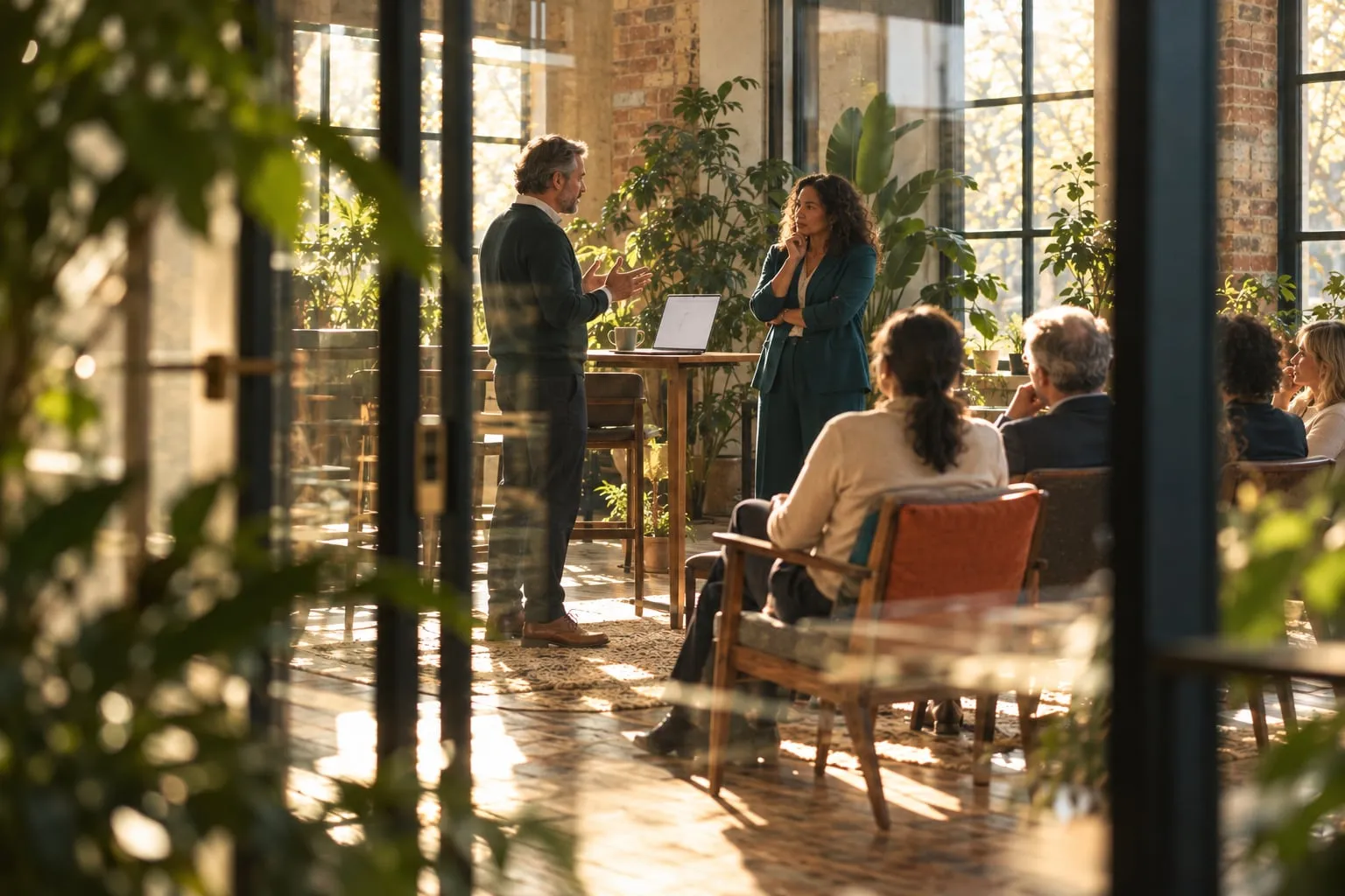 Two executives rehearsing a difficult conversation while a small group watches, seen through glass doors.