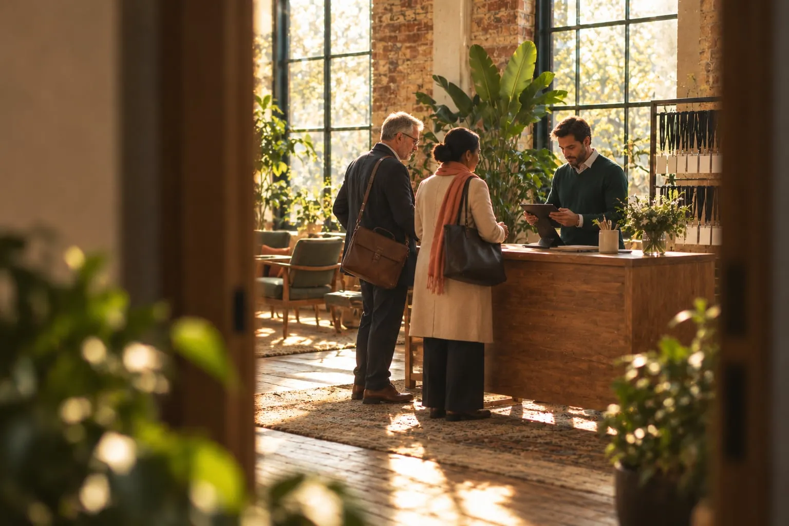 Executives arriving at a programme welcome desk, seen through a doorway.